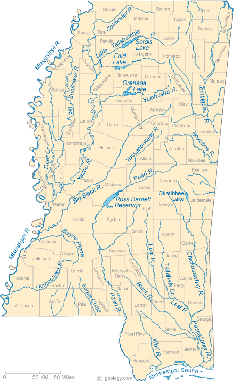 MS lakes and rivers map