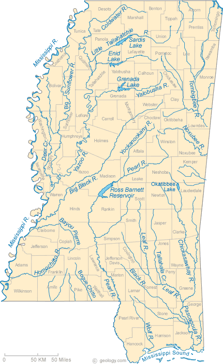 MS lakes and rivers map MS lakes and rivers map